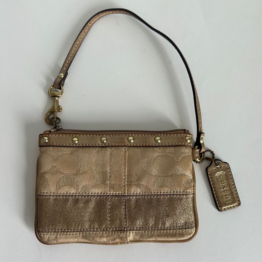 Coach Signature Studded Wristlet 42015 Metallic Gold Bronze Jacquard Small Bag